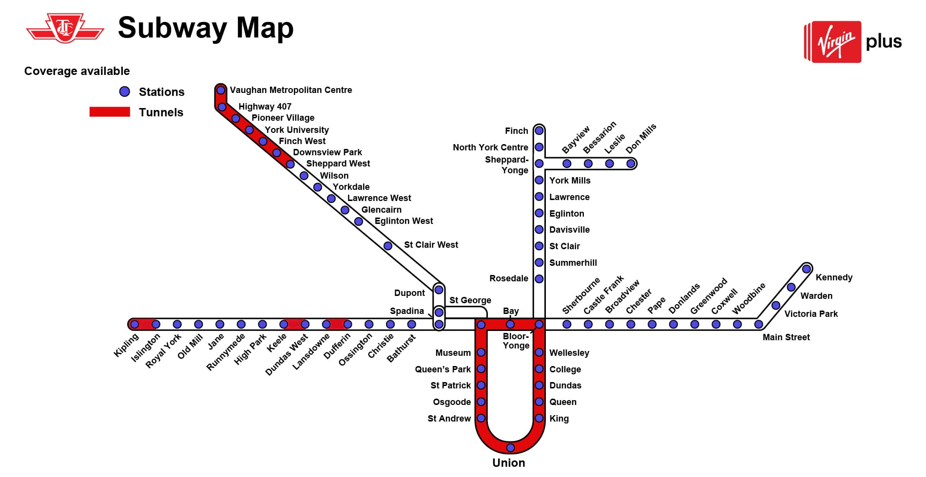 Mobile coverage map of TTC tunnels and stations