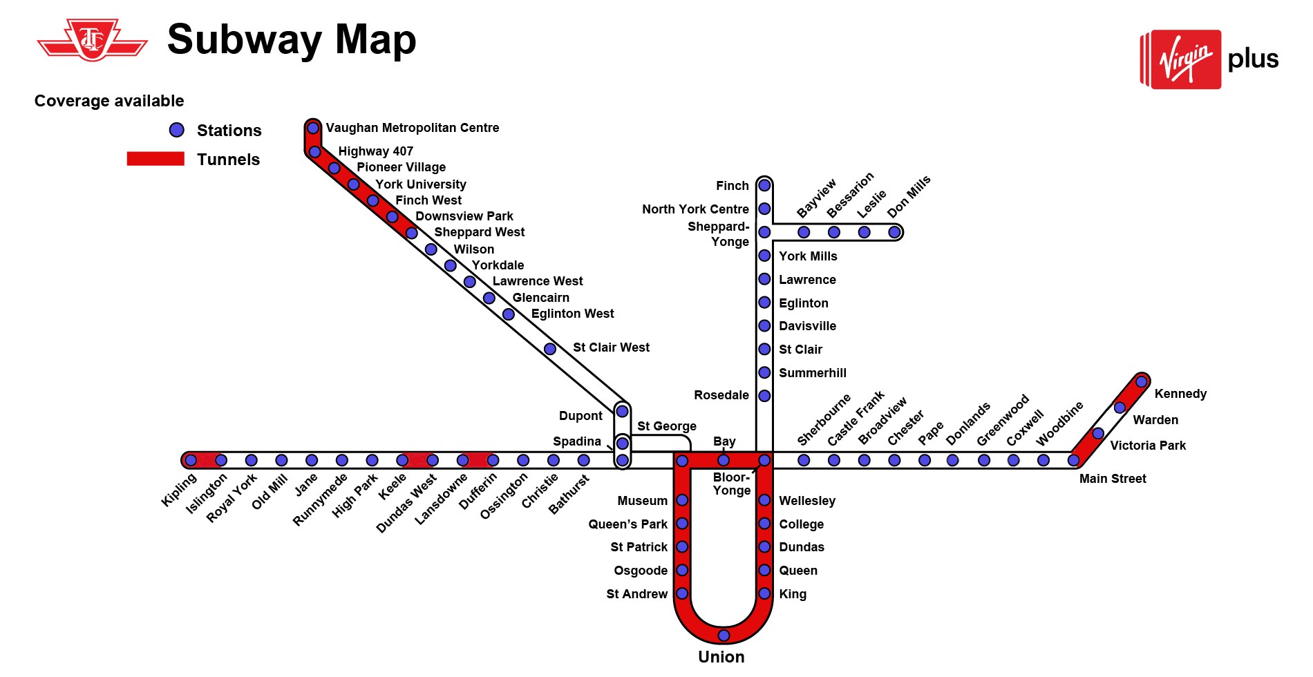 Mobile coverage map of TTC tunnels and stations