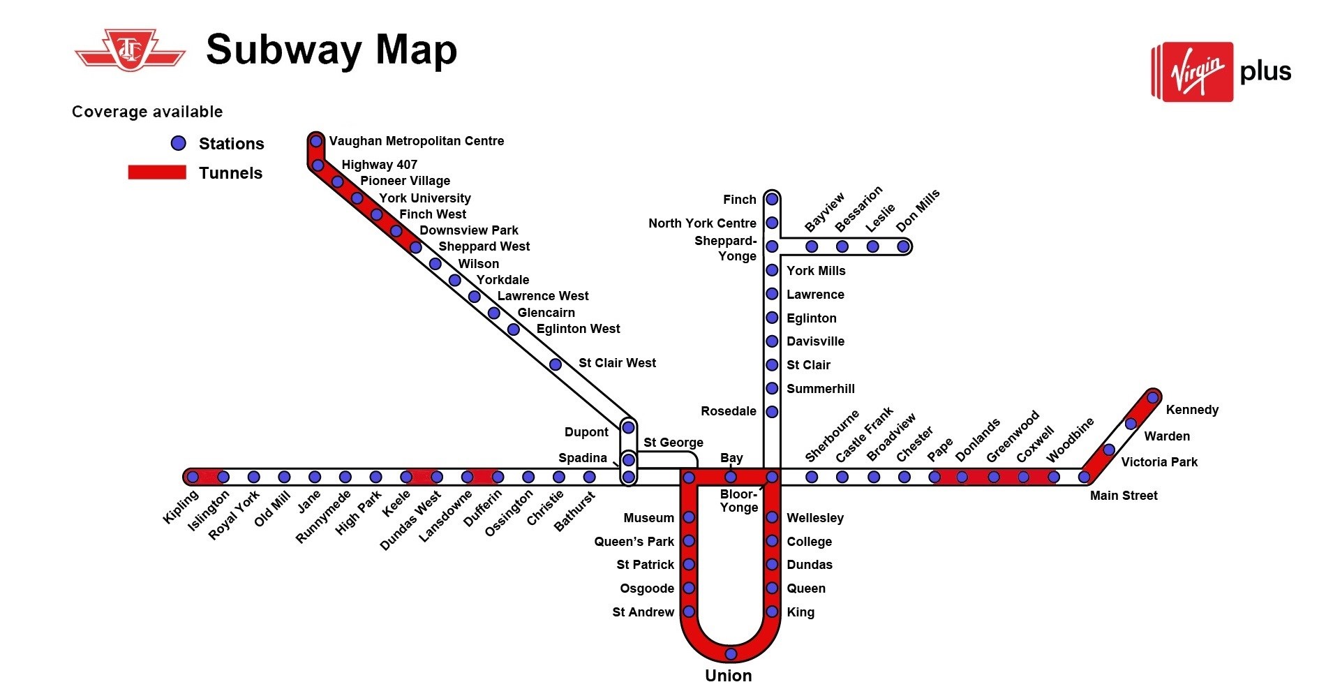 Mobile coverage map of TTC tunnels and stations