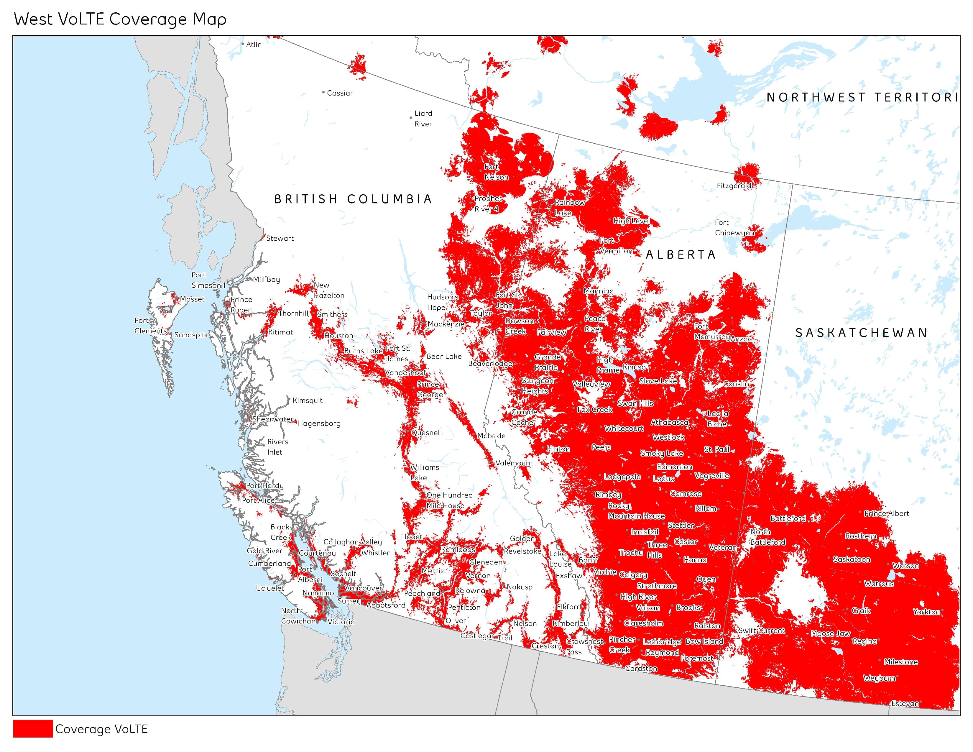 British Columbia, Saskatchewan, Yukon and Northwest Territories Coverage map